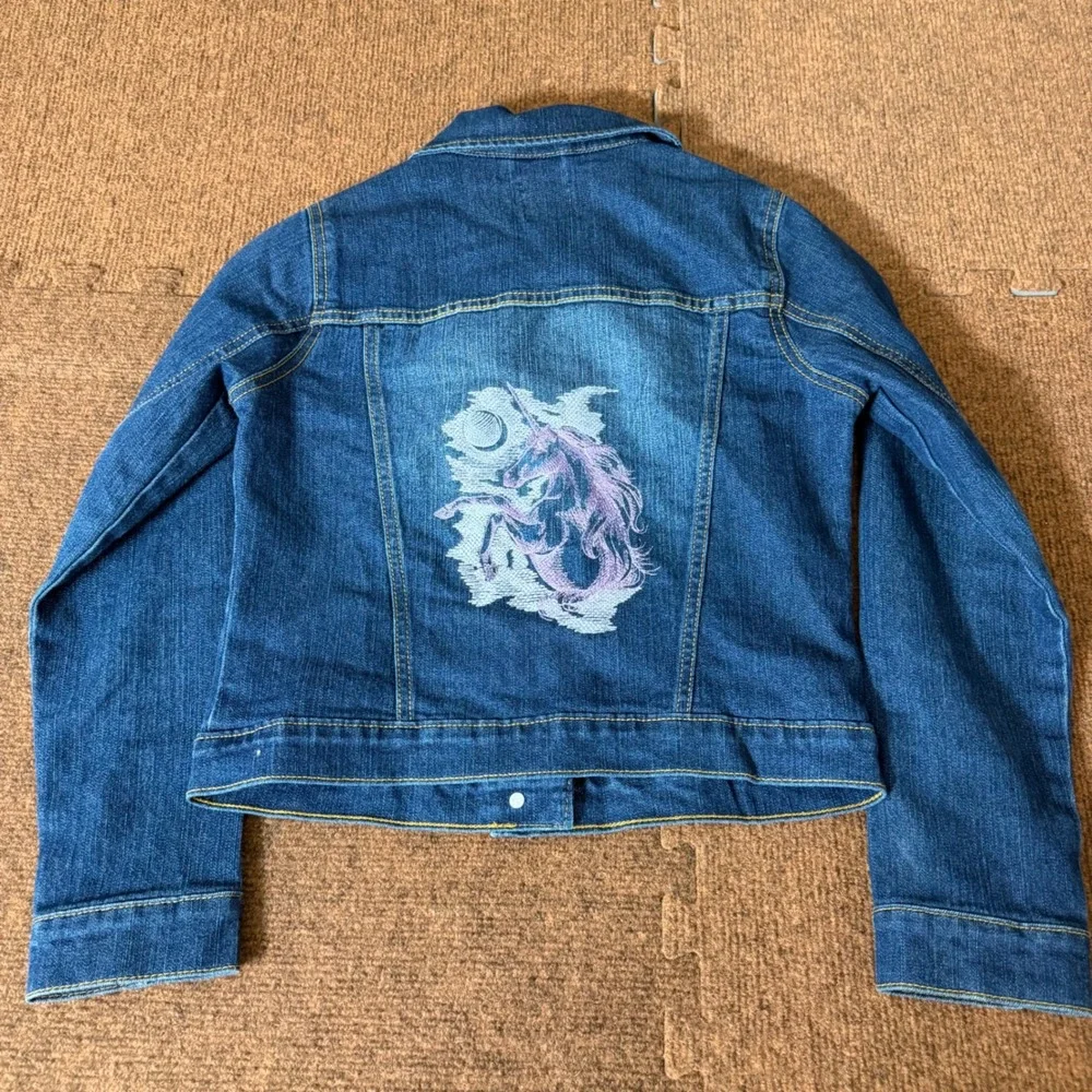 B-‎ The Children's Place Girls Blue Denim Jacket Unicorn Embroidery Size L 10/12